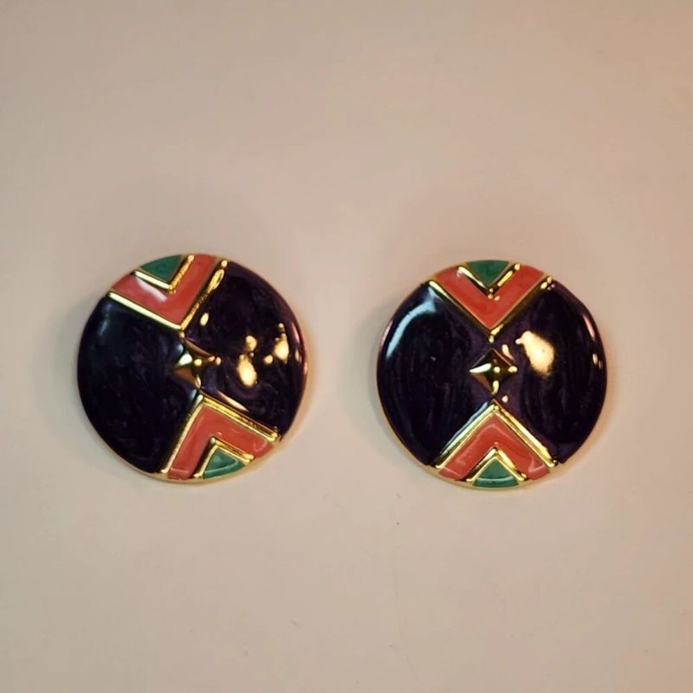 Vintage 80s Geometric Purple Enamel Round Stud Earrings Pink Green Gold Tone